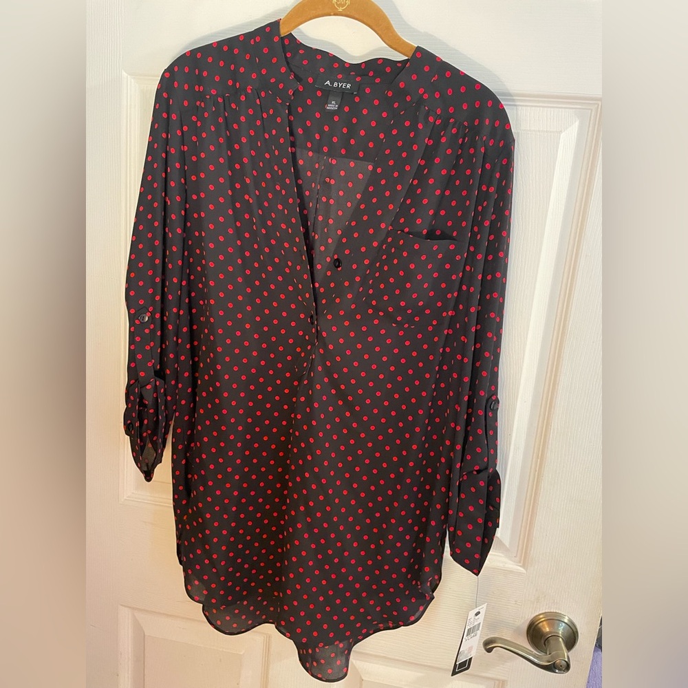 A. Byer Black Blouse with Red Polka Dots